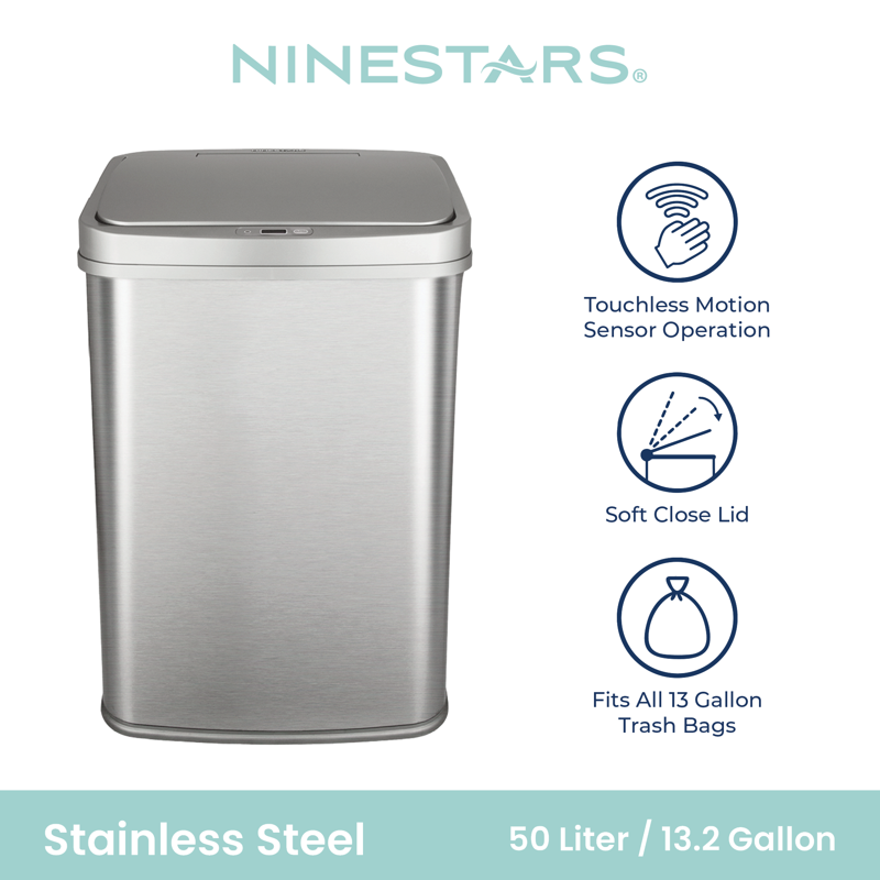 Automatic Kitchen Trash Can - 13.2 Gallon Stainless Steel, Motion Sensor, Soft Close Lid - Silver with Black Lid