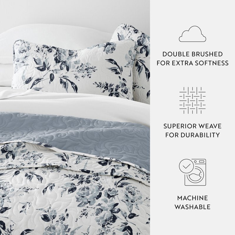 Queen Light Blue Rose Garden Reversible Quilt Set - Soft & Hypoallergenic