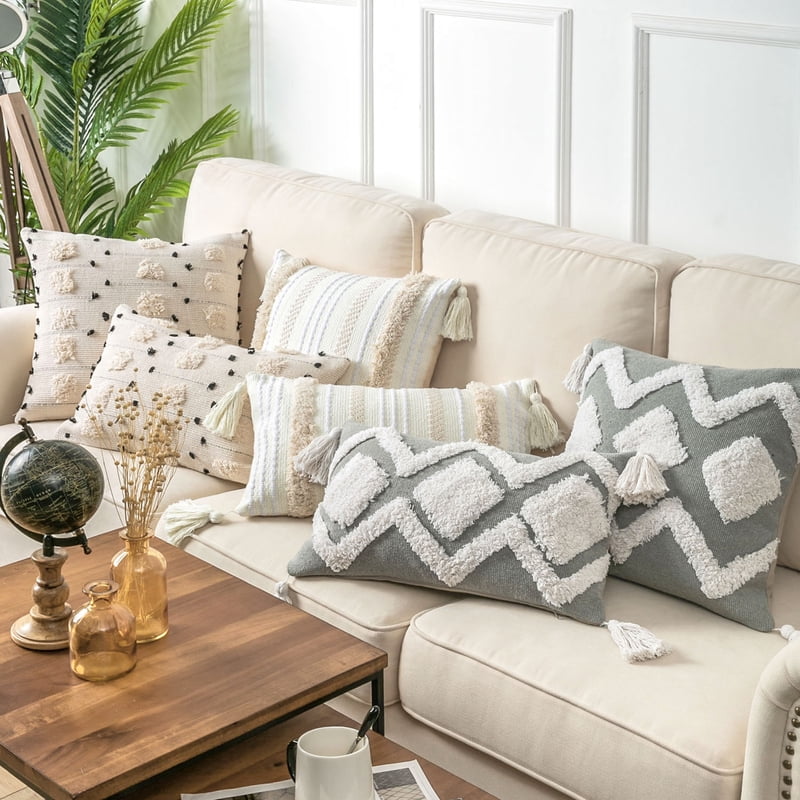 Decorative Boho Woven Tufted Throw Pillow Cover - 18x18 Inches, Gray White, Geometry Variation