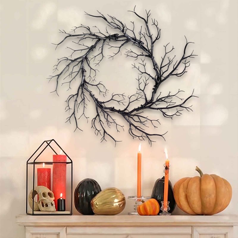 Halloween Black Twig Wreath with Spooky Twinkling Lights - Indoor Outdoor Decor