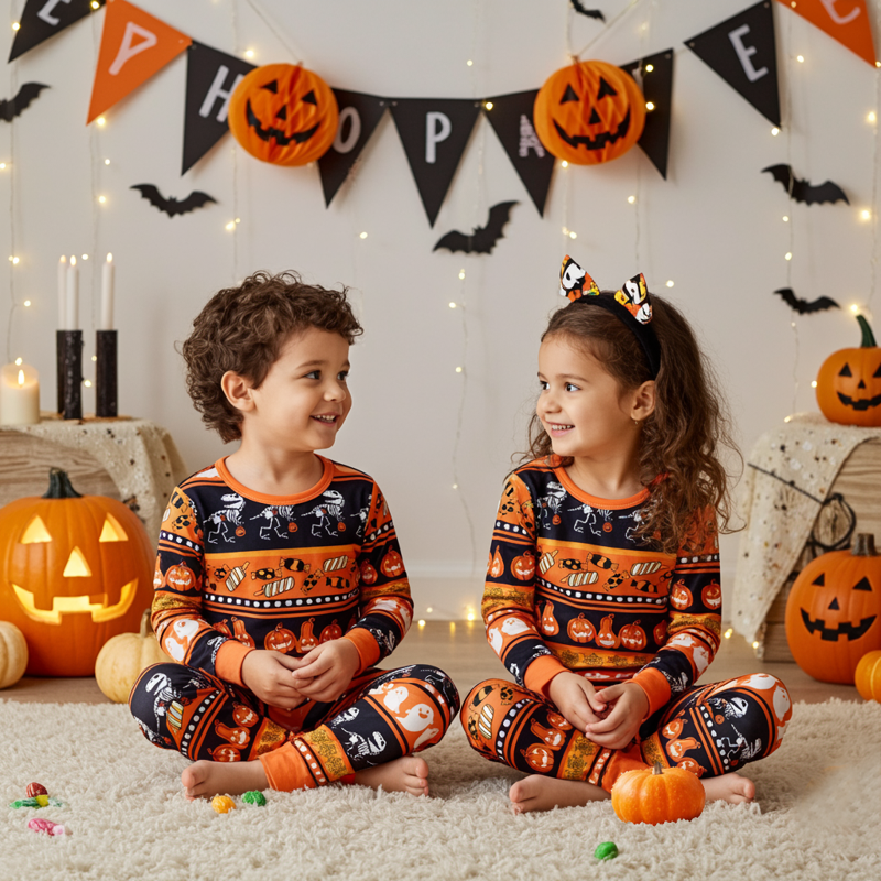 Halloween Pajamas for Women Family Matching Ghost Pumpkin 2-Piece Set M - Black