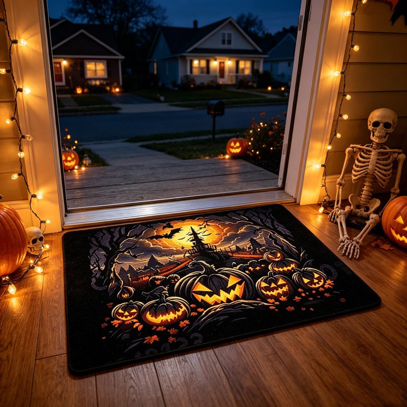 Halloween Theme Doormat - Creepy Night Scene Print, Non-Slip Absorbent Mat for Front Door - Variation D