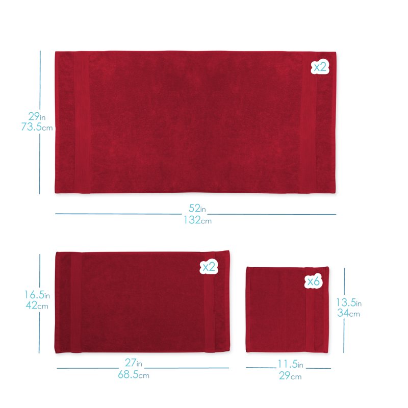 Bath Towels Set - 4 Red Body Towels & 2 Washcloths, 100% Cotton Luxury Softness