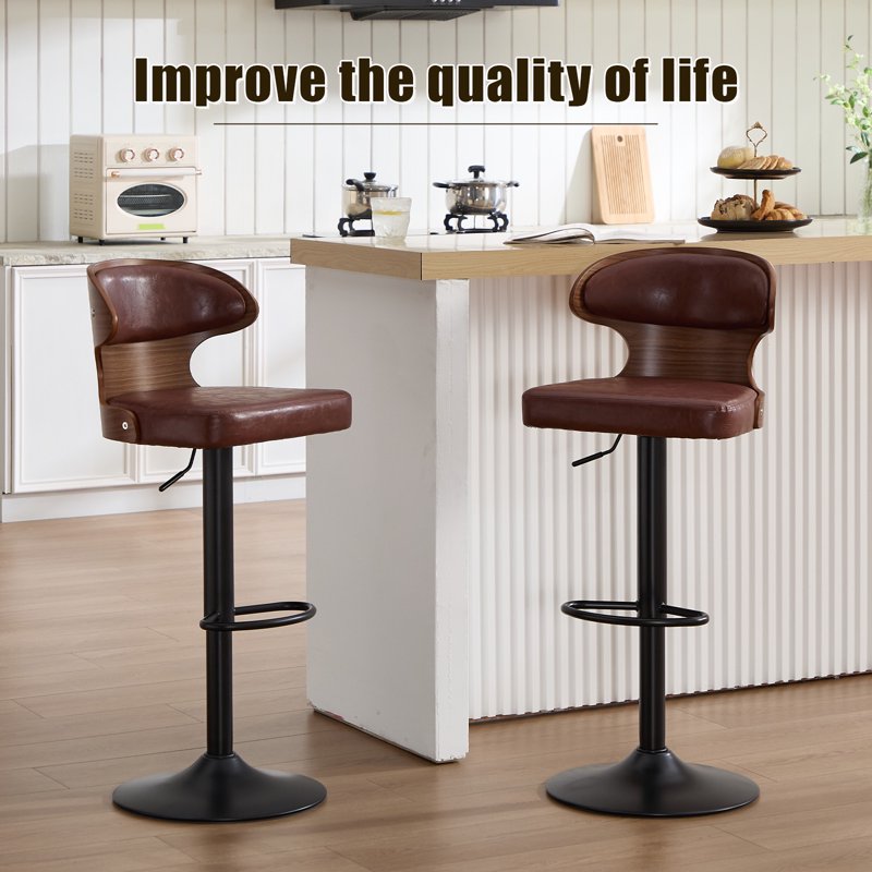 Swivel Bar Stools Set of 2 - Wooden Kitchen Chairs with Back, Brown