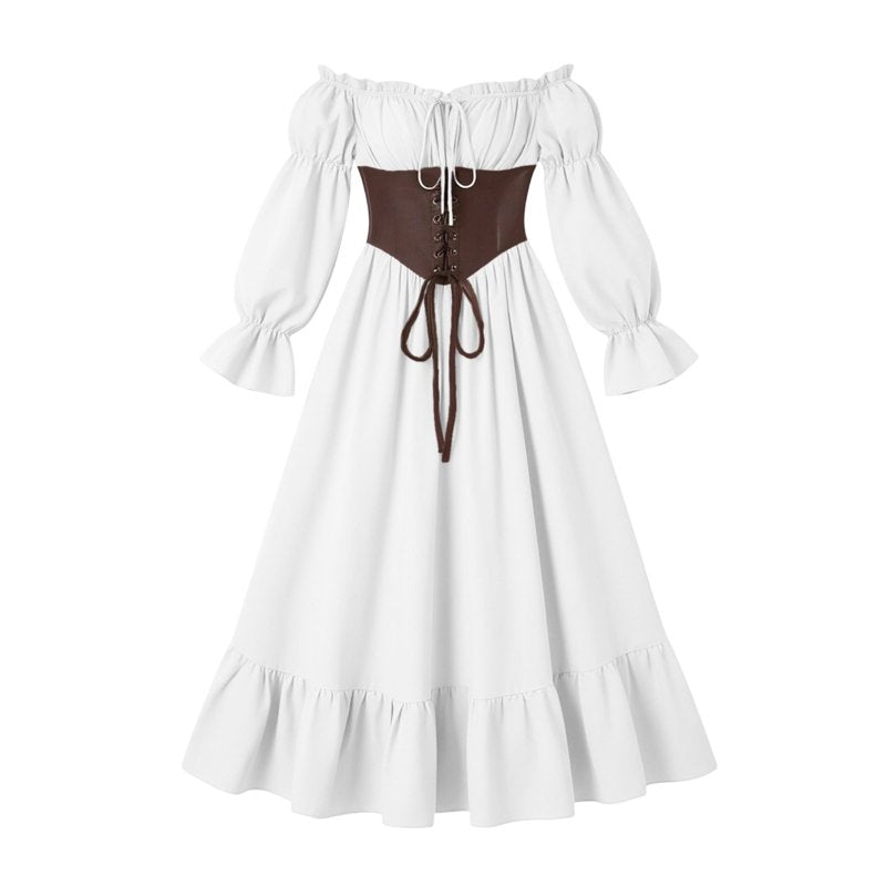 Gothic Corset Maxi Dress for Women Halloween Victorian Long Dress with Puff Sleeves & Ruffle Hem - White XL - Variation BB-White