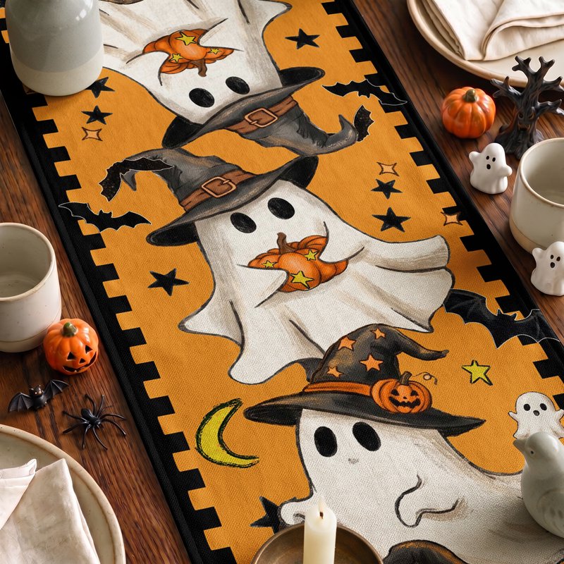 Halloween Table Runner Ghost Pumpkin 13x72 Inch - Indoor Outdoor Decor, Orange Variation H