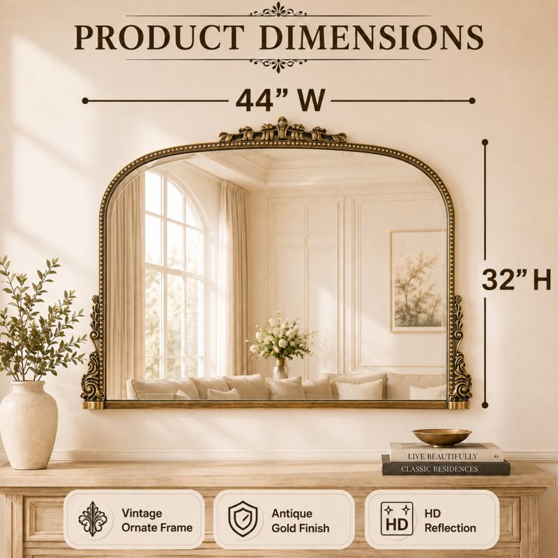 44x32 Vintage Bathroom Mirror Wall Mounted Antique Gold Baroque Style Vanity Mirror