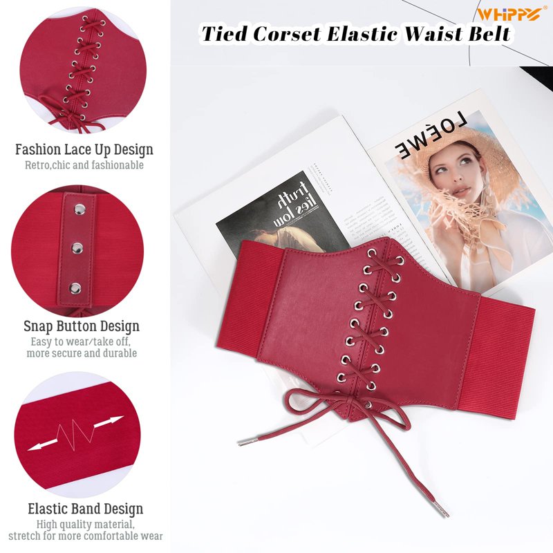 Red Lace-Up Corset Waist Belt for Women, Elastic Wide Belt for Dresses & Outfits