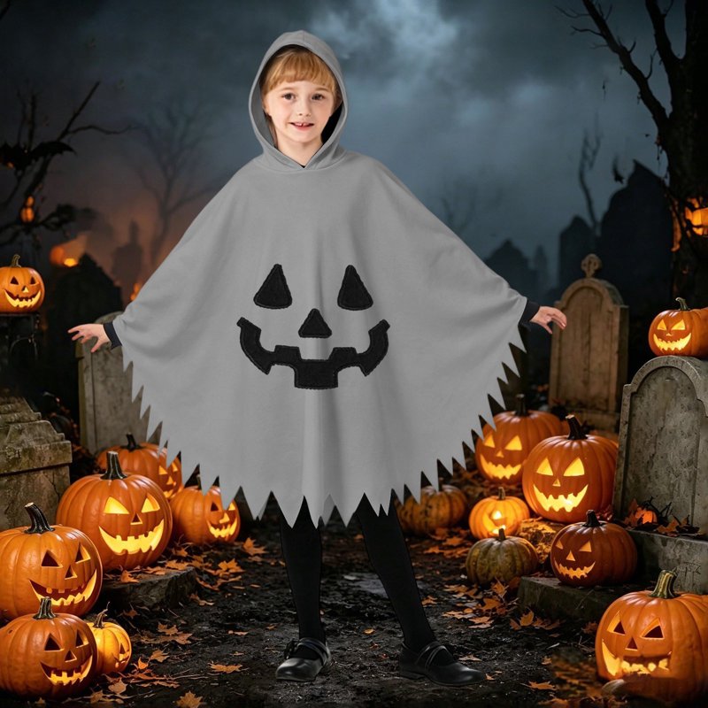 Grey Ghost Face Kids Halloween Costume Cape for Boys and Girls 10-12 Years - Unisex Hooded Dress Up