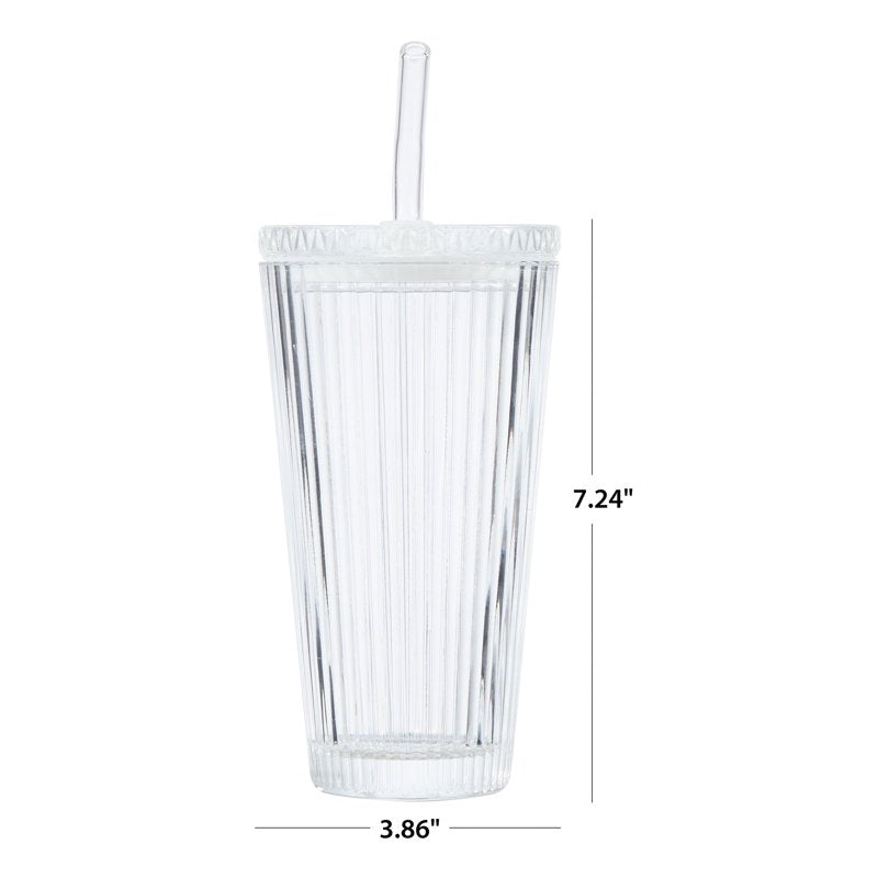 21 oz Ribbed Glass Tumbler with Lid & Straw - Clear, 2 Pack