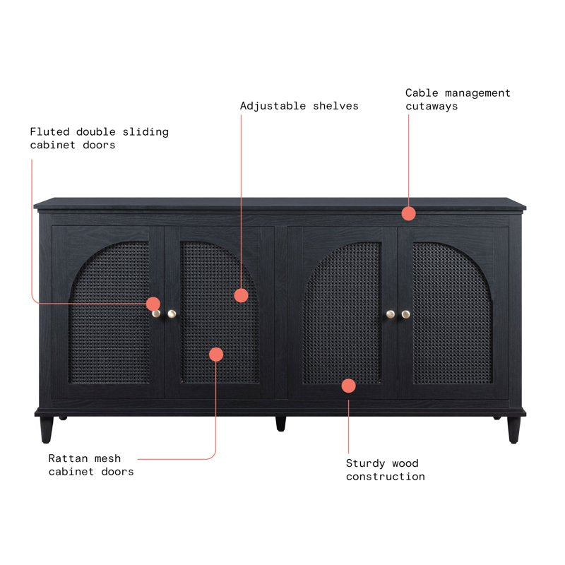 Drew Rattan 4-Door Buffet Cabinet - Black Finish, Adjustable Shelves