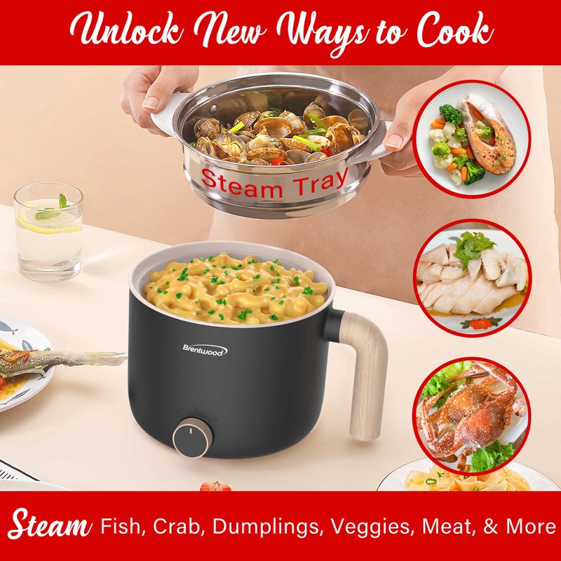 1.6-Qt. Electric Hot Pot Cooker with Food Steamer - Black