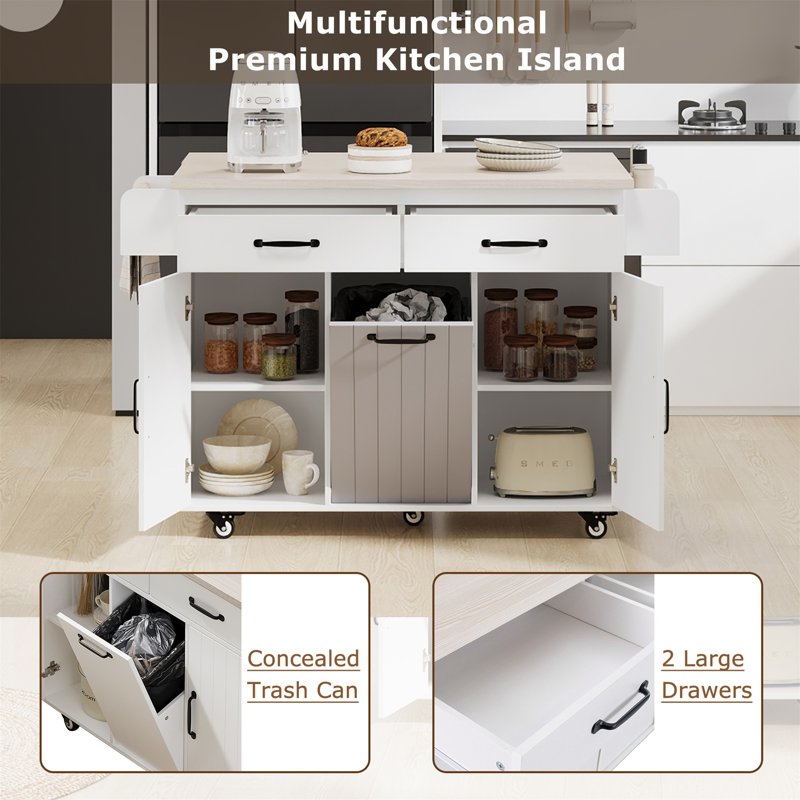 Mobile Kitchen Island Cart with Drop Leaf & Trash Can - White