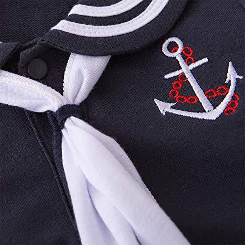 White Baby Boy Marine Sailor Cotton Romper Set with Hat and Necktie 6-12 Months