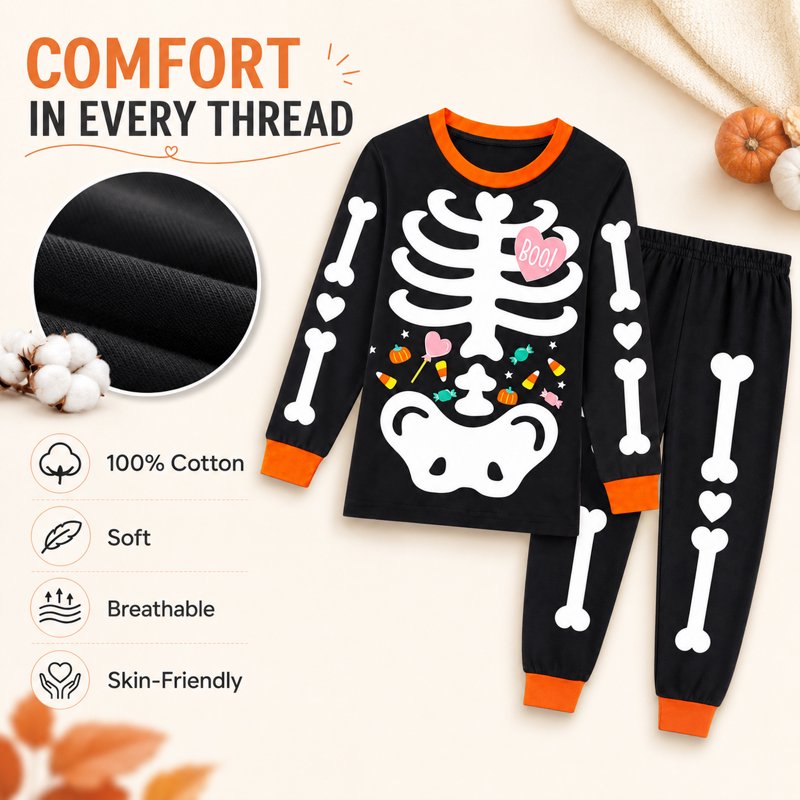 Kids Halloween Skeleton Pajamas Set - Glow in the Dark 3T Candy Heart Variation