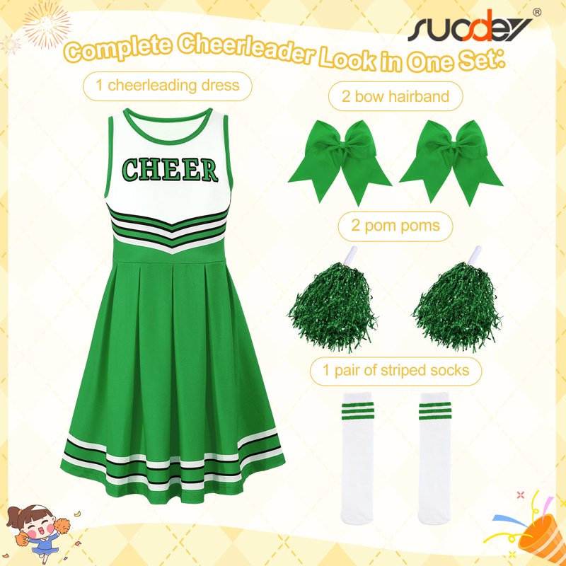 Girls Cheerleader Costume Set - Green, Size 10-12 Years, Includes Dress Pom Poms Socks