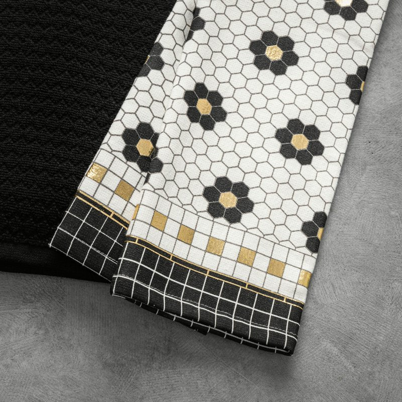 Penny Tile Kitchen Towel Set - 4-Pack Black & Gold Design