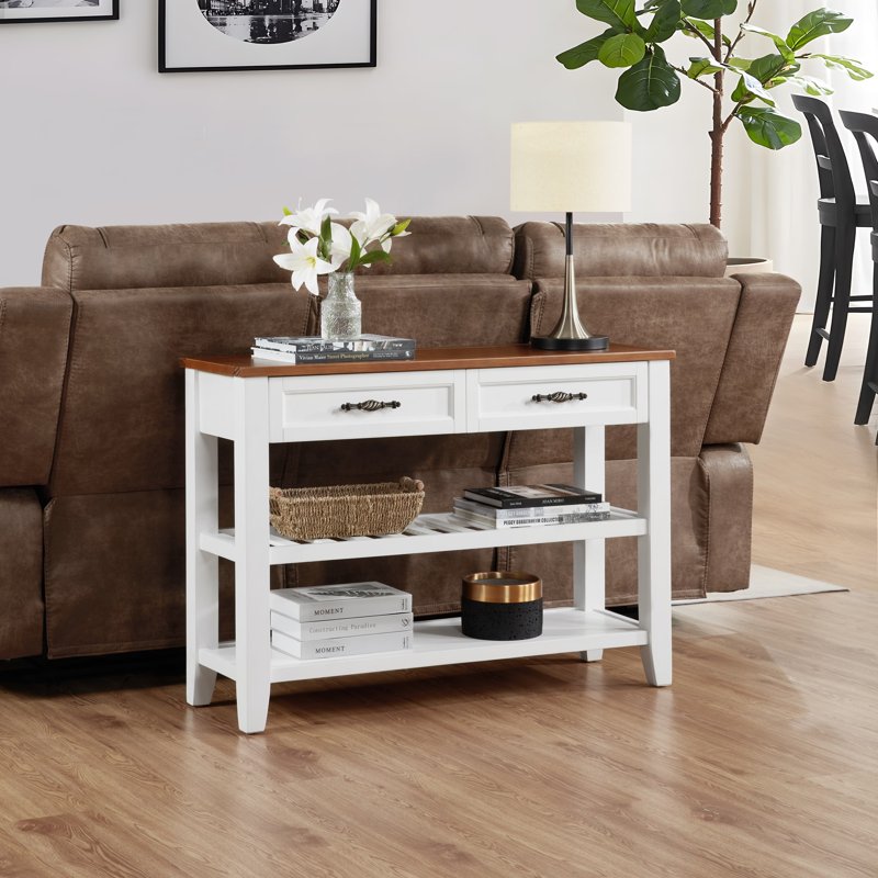 Solid Wood Entryway Table with Open Shelves and Drawers