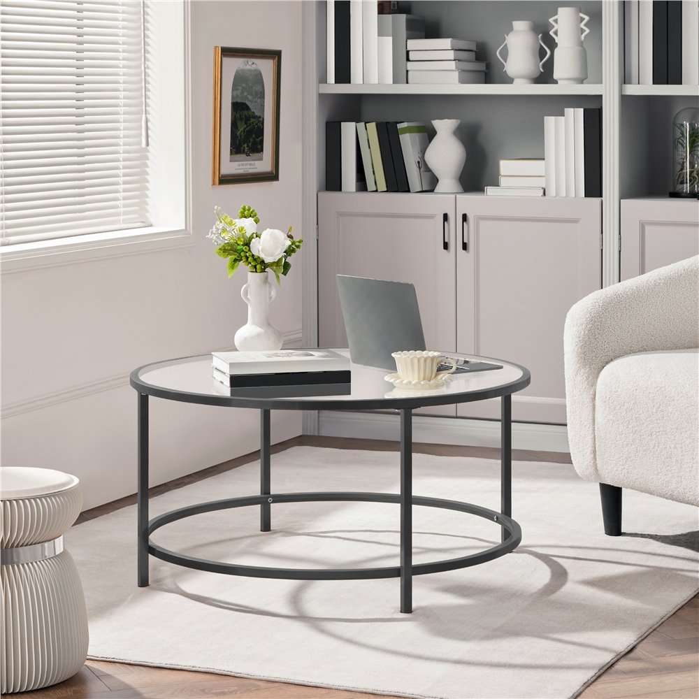 Round Modern Glass Coffee Table with Black Metal Frame