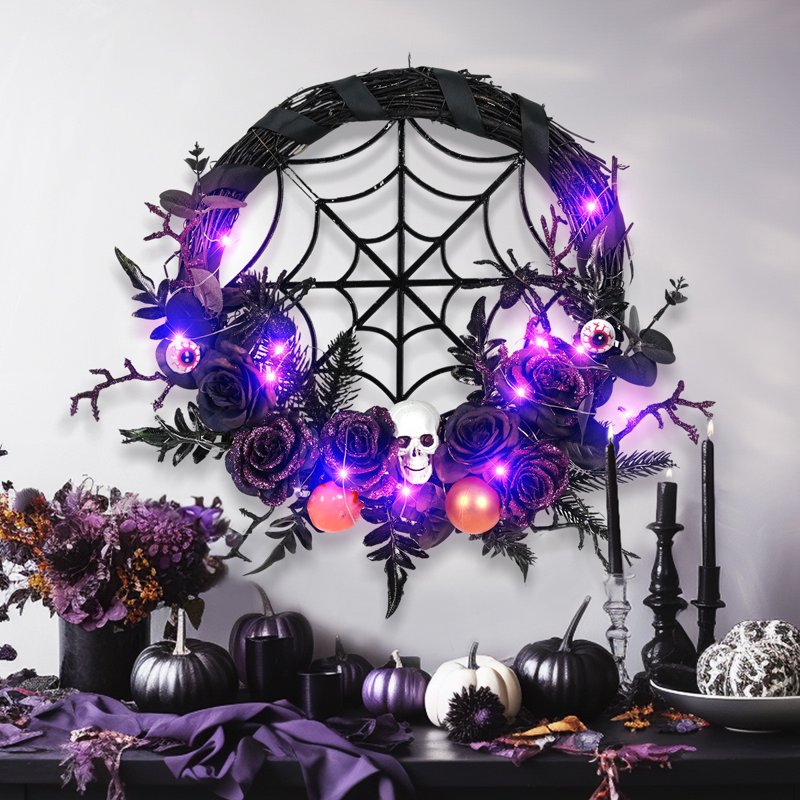 Halloween Wreath Front Door Decoration 18-Inch Artificial Skull with Pumpkin Spider Lights