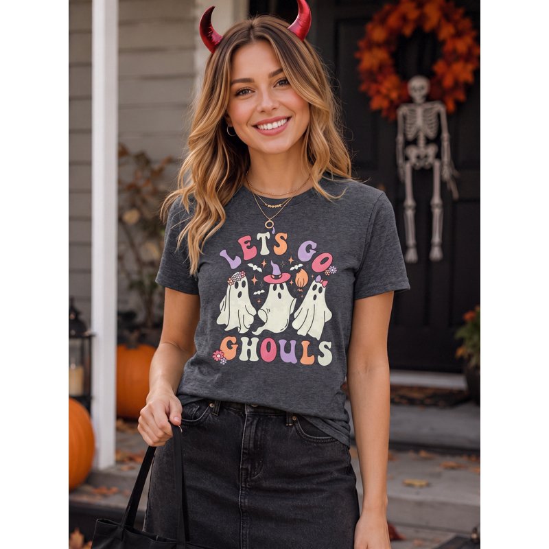 Dark Gray Halloween Ghouls T-Shirt for Women Let's Go Ghouls Spooky Season Graphic Tee