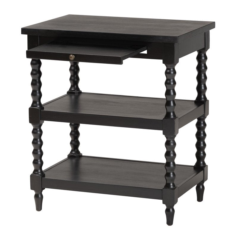 Retro-Modern End Table with Turned Legs and Pullout Shelf - Black