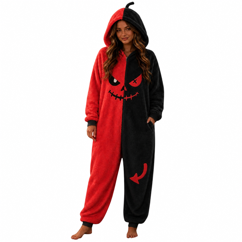 Adult Red Plush Pumpkin Print Hooded Onesie Pajamas M - Cozy Halloween Costume