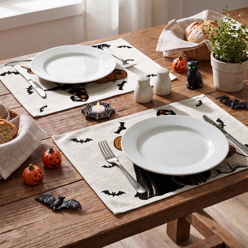 Halloween Ghost Jack-O'-Lantern Black Cat Placemats Set of 4 12x18 Inch Home Decor