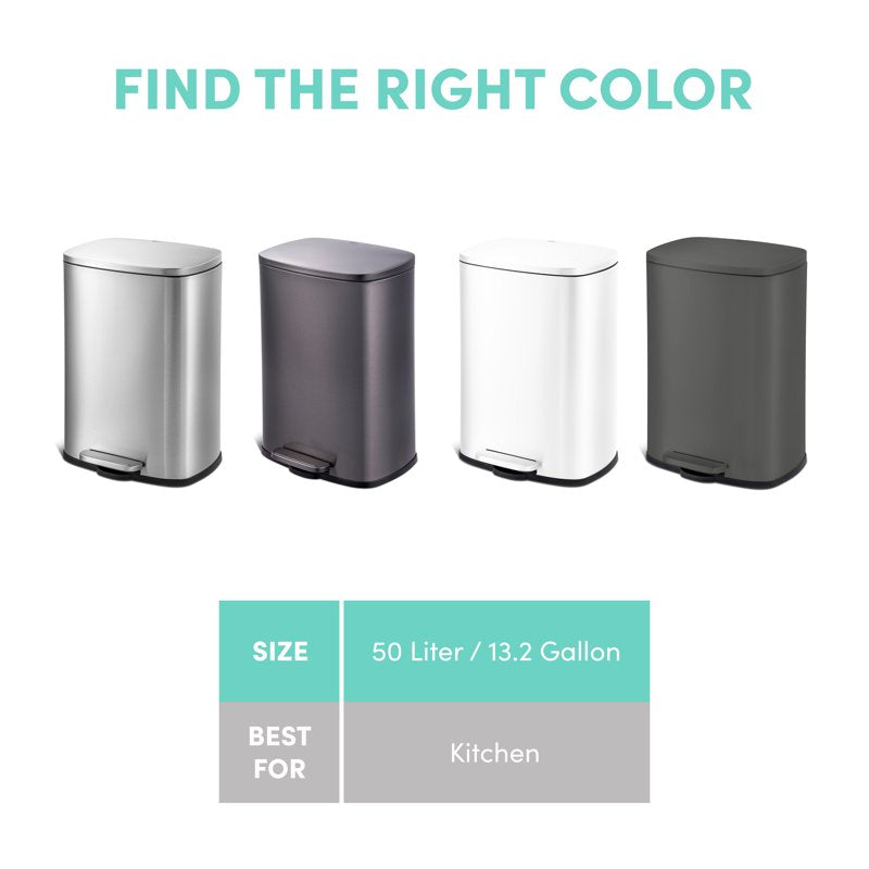 QualiaZero Matte Grey Kitchen Trash Can 13.2 Gallon Stainless Steel Step Bin