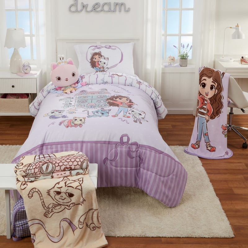Kids Reversible Comforter Set - Gabby's Dollhouse Cat-Tabulous Purple, Full Bed in a Bag