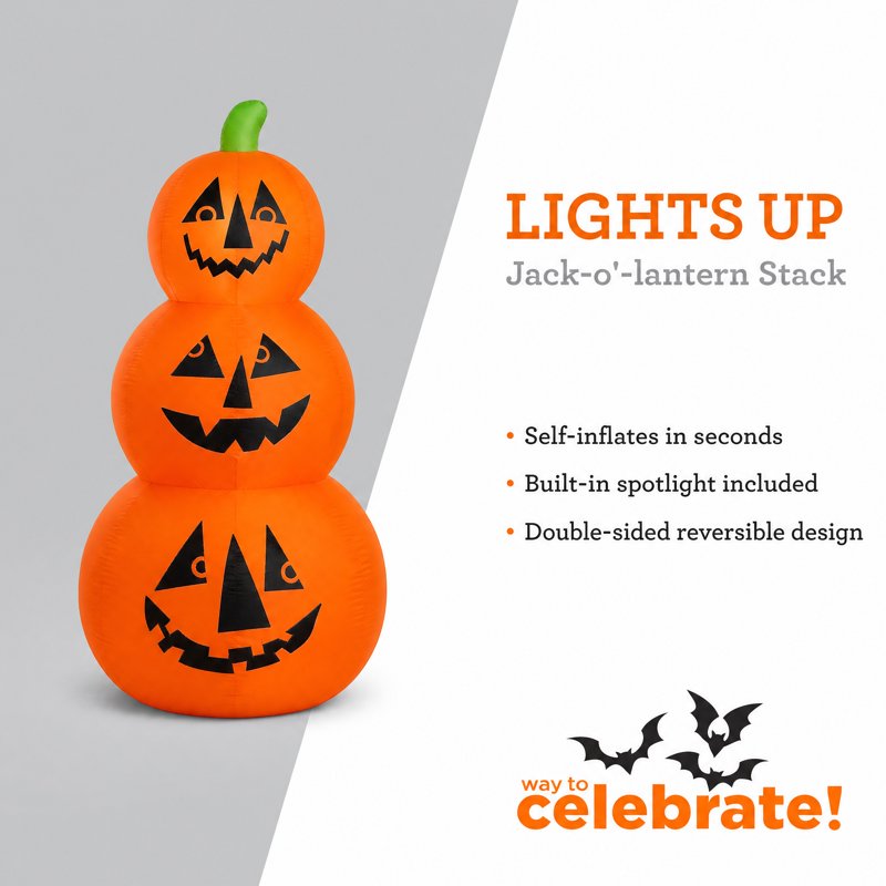 Reversible Halloween Jack-o'-Lantern Inflatable Yard Decor - 4 Feet, Multicolor