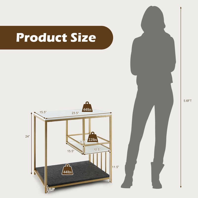 3-Tier Side Table with Open Storage - White & Gold
