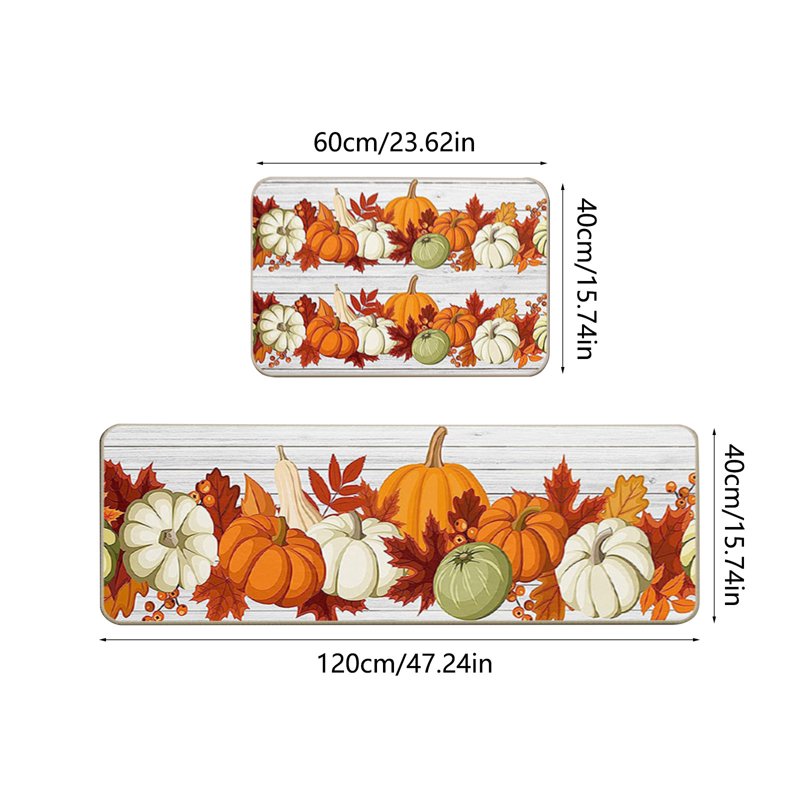 Decorative Kitchen Floor Mats Set of Two – Fall Theme Pumpkin Turkey Pattern, Non-Slip D, 16x24in & 16x48in
