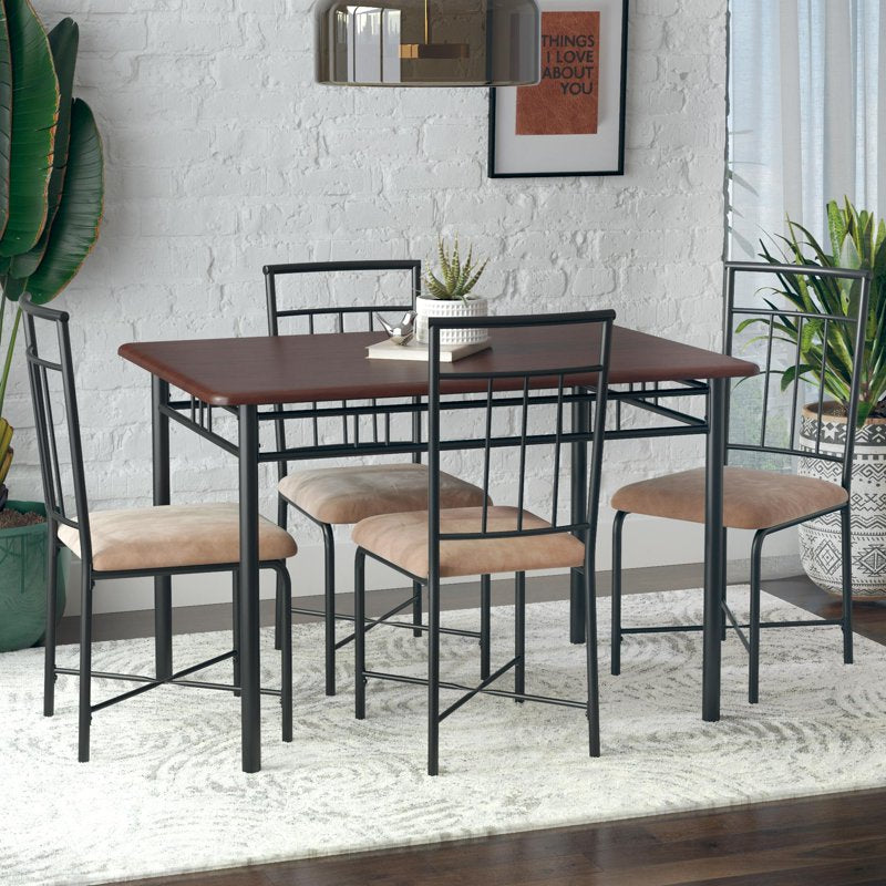 5-Piece Wood & Metal Dining Set with Upholstered Chairs - Deep Walnut