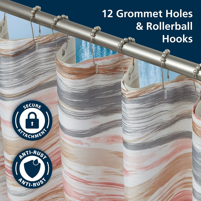 14-Piece Modern Abstract Wave Shower Curtain Set with PEVA Liner & Metal Hooks