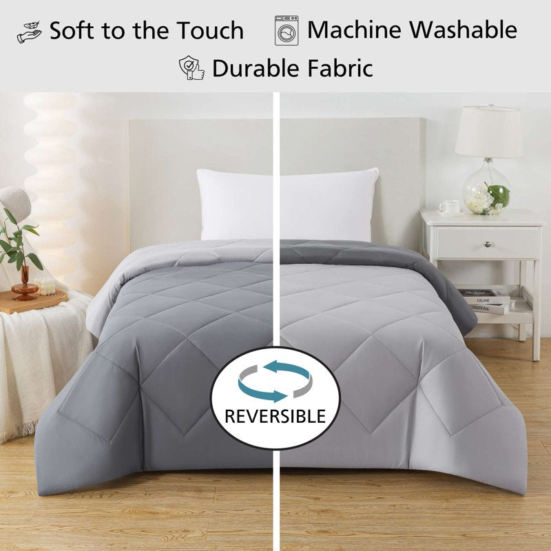 Twin XL Reversible Microfiber Comforter - All-Season Gray Bedding