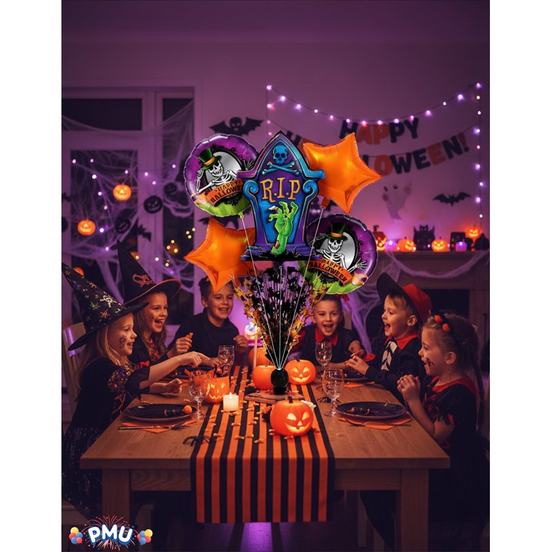 PMU Halloween Balloon Bouquet R.I.P. Tombstone Mylar Balloons - 5 Pack Halloween Party Decorations