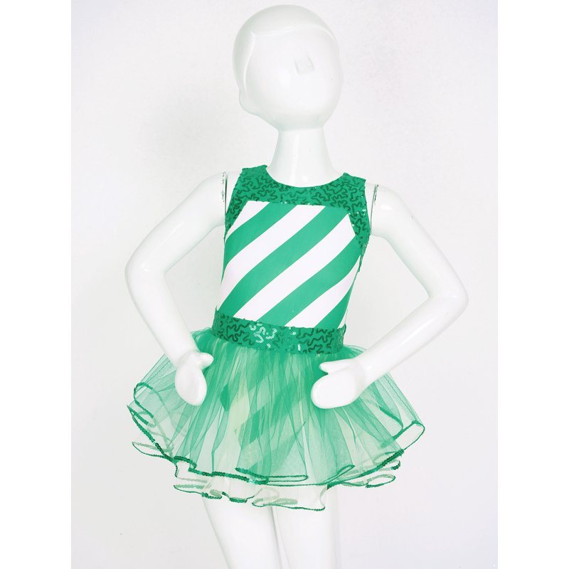 Kids Girls Christmas Sequins Santa Dance Costume Tutu Dress - Green 4