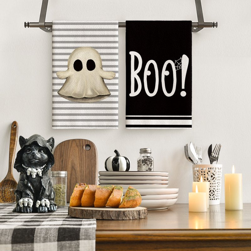 Halloween Kitchen Towels Set of 4 - Ghost Boo Bow Knot Black Stripes 18x26 Inches