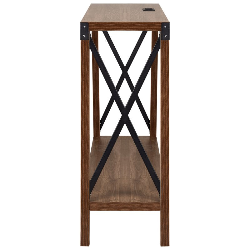 Industrial Rectangular Wood Console Table with USB Charging Ports - Walnut
