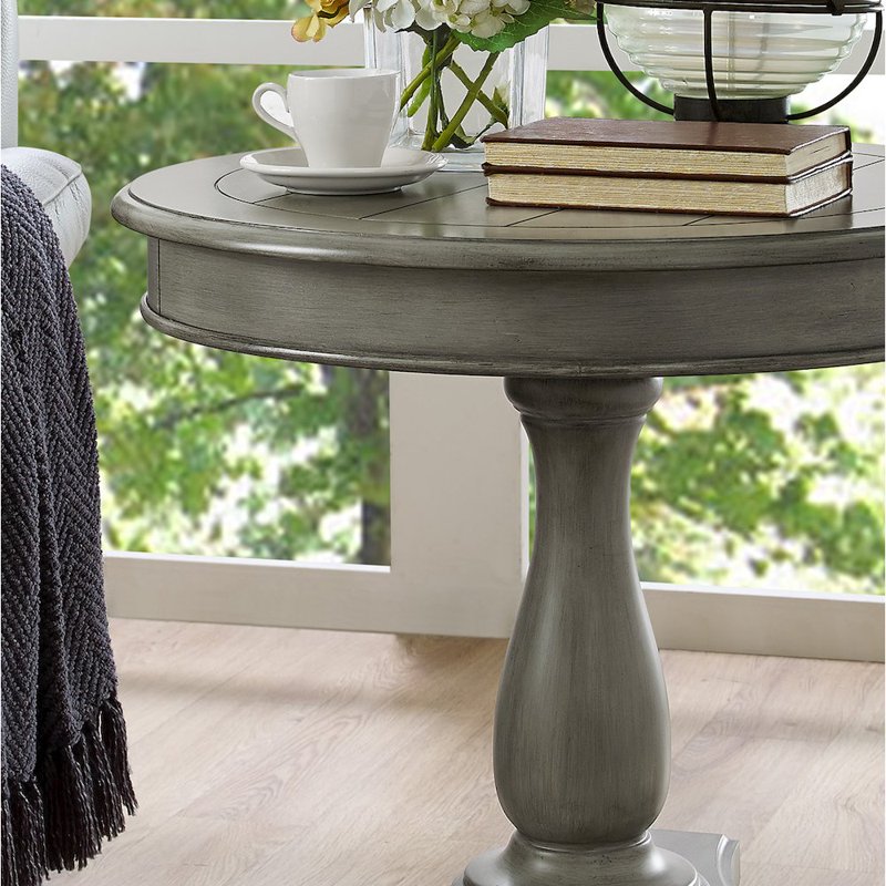 Gray Round Wood Pedestal End Table - 26"