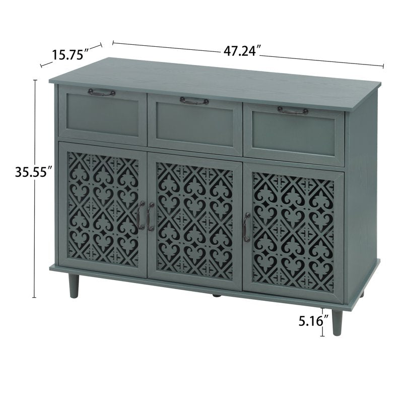 Retro Hollow-Carved 3 Door 3 Drawer Sideboard Cabinet - Dark Green