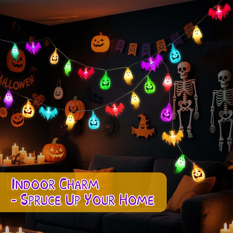 Outdoor Indoor Halloween String Lights with 30 LED 3D Pumpkin Bat Ghost Waterproof 8 Modes
