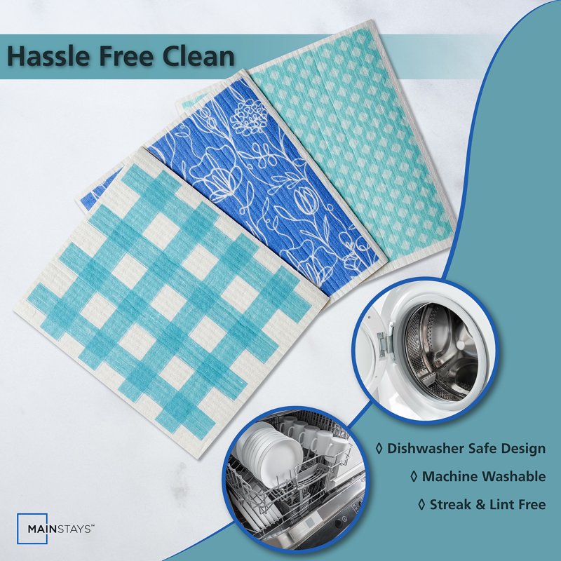 Reusable Kitchen Dish Cloths - 3 Pack, Blue Multi