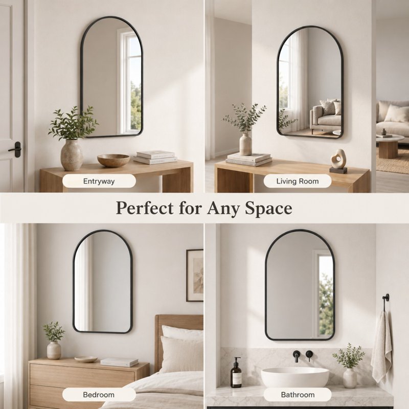 Easy4Home 28x20 Inch Rounded Arched Bathroom Mirror Wall Mount Vanity Black