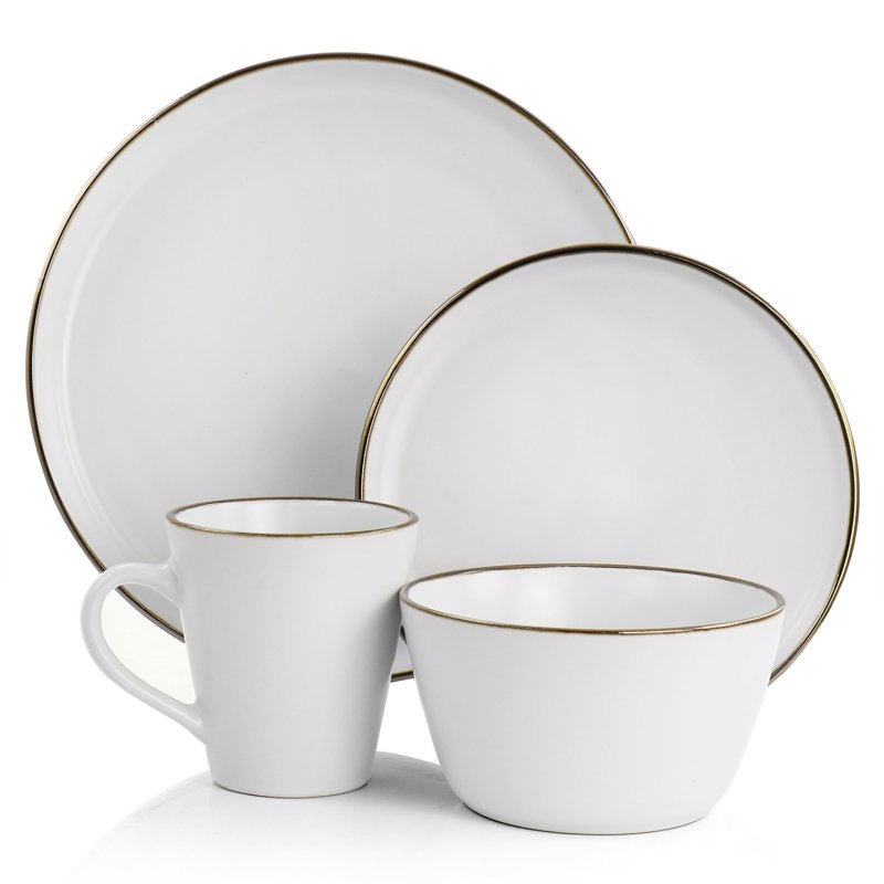 16 Piece Matte White Stoneware Dinnerware Set with Gold Rim