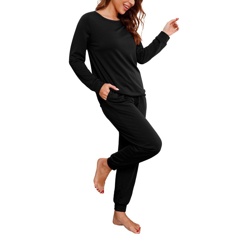 MINTREUS Womens Pajama Set Black Medium Long Sleeve Lounge Sleepwear with Pockets