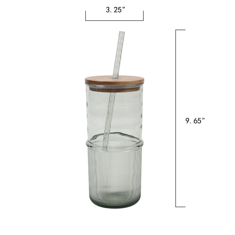 22-Ounce Green Ribbed Tritan Sipper Tumbler with Straw & Wood Lid