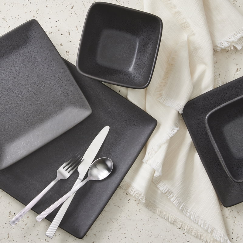 12-Piece Dark Gray Square Stoneware Dinnerware Set - Single