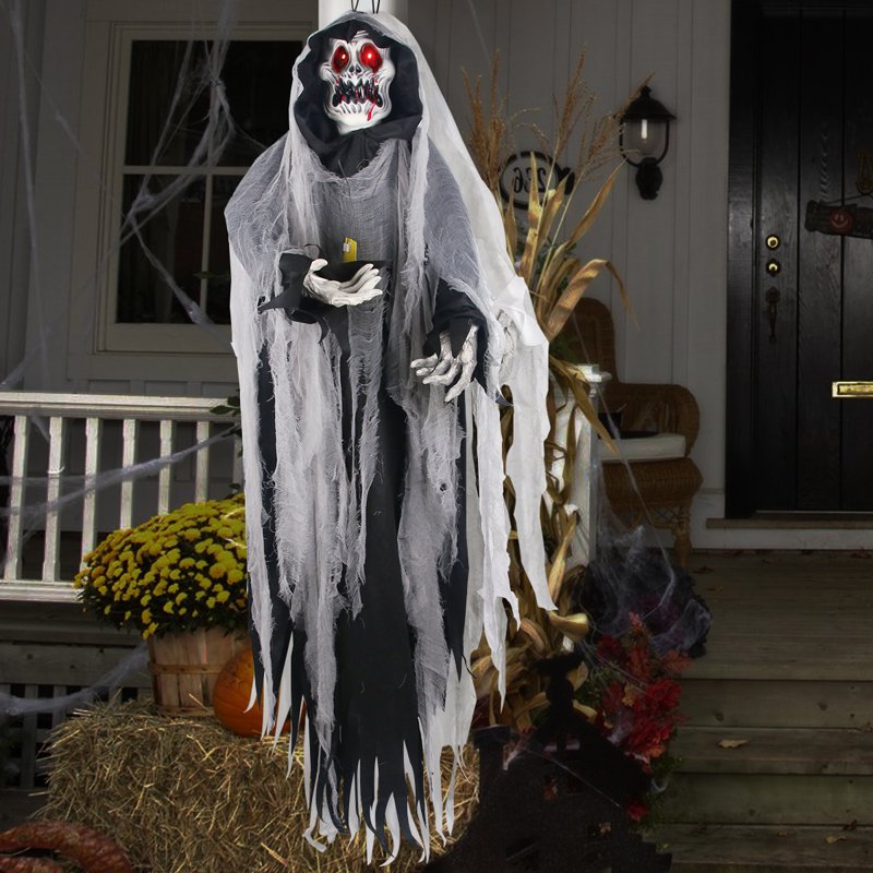 Halloween Hanging Grim Reaper Decoration - Black Skeleton Ghost with LED Eyes & Sound - 5.7 ft